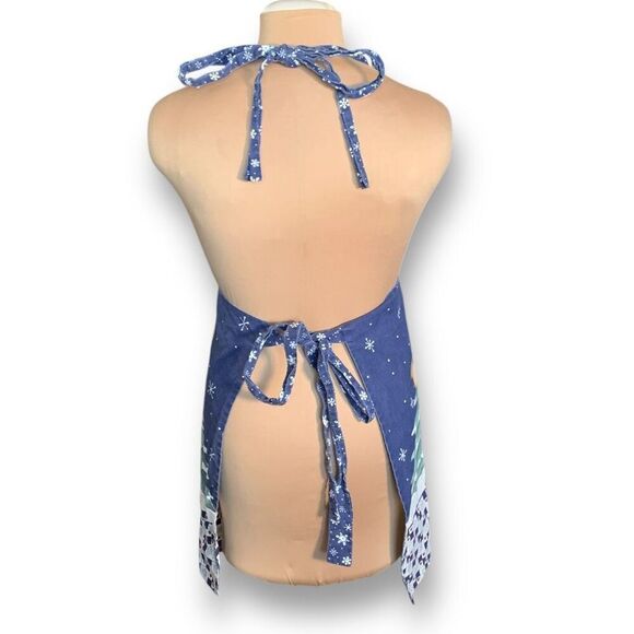 Vintage Snowman Christmas Full Apron Holiday Blue Red Hearts Joy Snowy Forrest - Picture 3 of 8